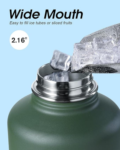 Half Gallon Water Bottle Insulated with Straw & 3 Lids, Coolflask 64 oz Water Jug Large Metal Stainless Steel Wide Mouth for Sports, Gym or Office, Non-BPA Keep Cold 48H Hot 24H, Dark Green