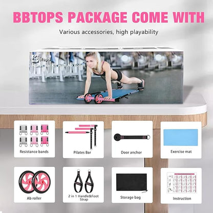 Pilates Bar Kit with Resistance Bands,Ab Roller,2 in 1 Foot Strap & Handle,Door Anchor Pilates Equipment with Resistance Bands, Portable Home Gym Yoga Fitness Bar for Women & Men
