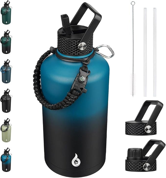 BJPKPK 2/3 Gallon Water Bottle with Straw Lid, 50oz, 64oz, 87oz, 128oz Large, Stainless Steel Water Bottles with 3 Lids and Paracord Handle, Double Wall Vacuum Metal Jug, Blue & Black