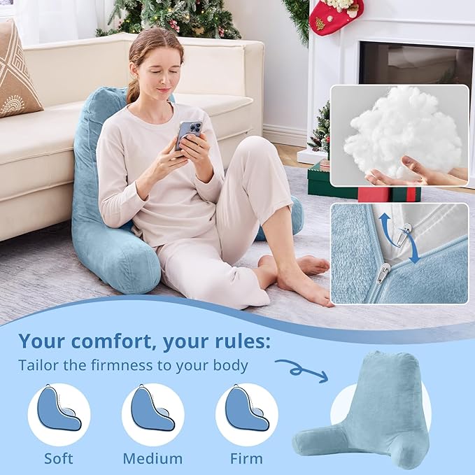 Sasttie 25-inch Reading Pillows for Sitting in Bed Adult, Jumbo Velvet Back Pillow Bed Sitting Up, XL High Back-Rest Support Cushion for Sit Up on Couch & Floor, Oeko-Tex Certified, Dusty Blue