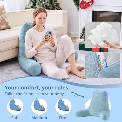 Sasttie 25-inch Reading Pillows for Sitting in Bed Adult, Jumbo Velvet Back Pillow Bed Sitting Up, XL High Back-Rest Support Cushion for Sit Up on Couch & Floor, Oeko-Tex Certified, Dusty Blue