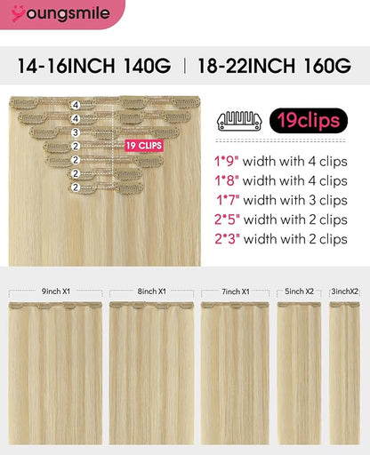 Youngsmile Clip in Extensions Human Hair, Soft Natural Hair, 27 Caramel Blonde mixed 60 Platinum Blonde, 20 Inches 160 Grams 7Pcs Clip in Hair Extensions(7C#27P60-20inch)