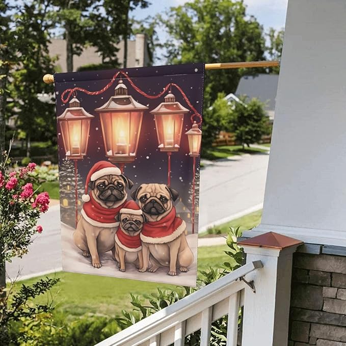 Christmas Pug Garden Flag 12x18 In Double Sided Yard Flags Lawn Sign Decor No Flagstand