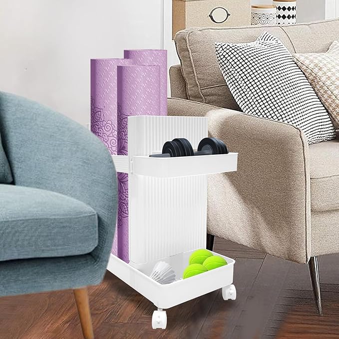 Yoga Mat Storage Rack with Wheels, Weight Cart Stand Small Gym Racks Yoga Racks, Storage Organizer Home Gym Equipment for Homes, Gyms, Schools (White)
