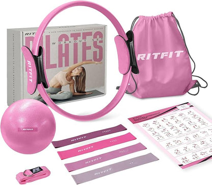 RitFit Pilates Kit - 14 Inch Pilates Ring Magic Circle with Pilates Ball, Resistance Bands & Yoga Strap, Pilates Equipment for Home Workout Toning Thighs, Arms and Core (Black/Pink)