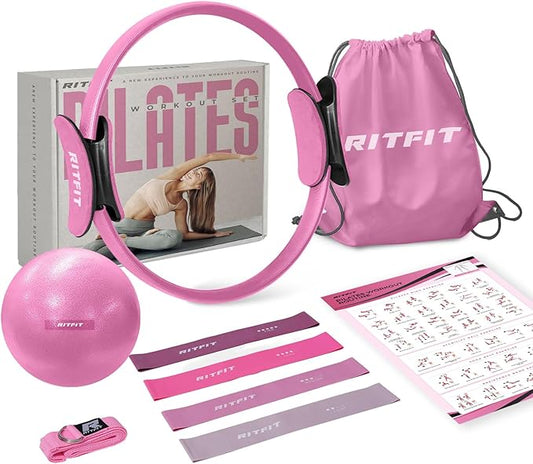 RitFit Pilates Kit - 14 Inch Pilates Ring Magic Circle with Pilates Ball, Resistance Bands & Yoga Strap, Pilates Equipment for Home Workout Toning Thighs, Arms and Core (Black/Pink)