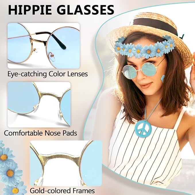 Hippie Costume Accessories Set Peace Sign Necklace Sunglasses Flower Headband Earrings for 60s 70s Outfit Party Women