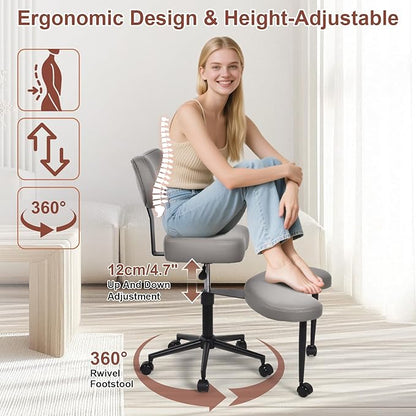 Meditation Chair, Cross Legged ADHD Office Chair for Adults with Wheels Ergonomic Back Support and Leg Rest for Multi Position Criss Cross Sitting Kneeling and Yoga Height Adjustable, Leather Style