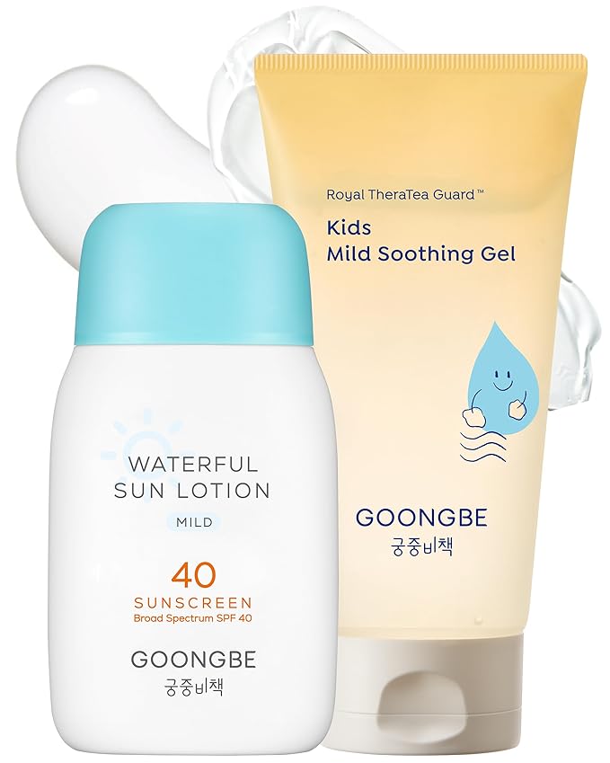 GOONGBE Baby Kids Waterful Sun Lotion SPF 40 & Mild Soothing Gel - Zinc Oxide Mineral Sunscreen & After Sun Relief - Korean Skincare for Sensitive Skin - Vegan Hypoallergenic, 2.82oz & 5.07oz