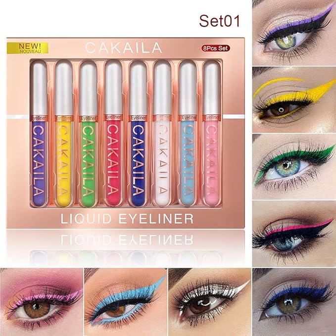 evpct 8 Colors Colored Colorful Matte Liquid Makeup Eyeliner Liquid Set Stamps Shapes for Eyes, Pink Red Yellow Blue Purple White Black Liquid Eyeliner Waterproof Color Eye Liners Pencil for Women 01