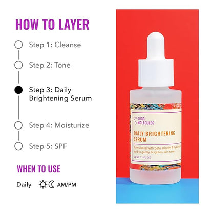 Good Molecules Daily Brightening Serum - Hyaluronic Acid Serum with Beta Arbutin to Target Dark Spots - Brightening and Anti-Aging Skin Care for Face