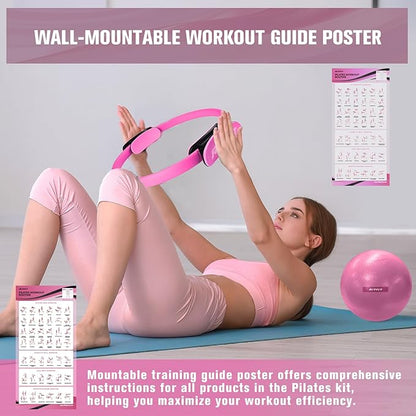 RitFit Pilates Kit - 14 Inch Pilates Ring Magic Circle with Pilates Ball, Resistance Bands & Yoga Strap, Pilates Equipment for Home Workout Toning Thighs, Arms and Core (Black/Pink)