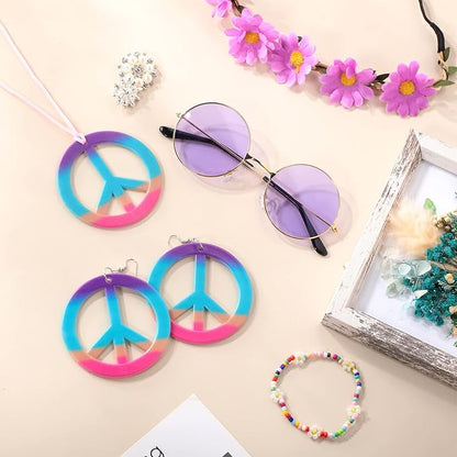 Batiyeer 6 Pcs Hippie Costume Accessories Set, Boho Peace Sign Daisy Flower 60s 70s Party Favors Decor for Groovy Party Women