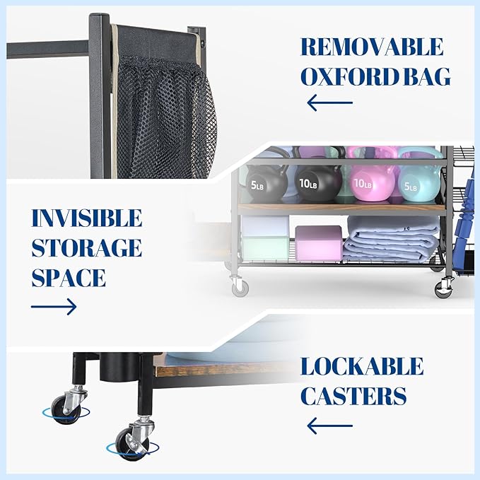 Mythinglogic Dumbbell Rack for Home Gym, Weight Rack for Dumbbells, Multifunctional Yoga Mat Holder for Barbell plates and Kettlebells, Home Gym Storage Rack with Casters