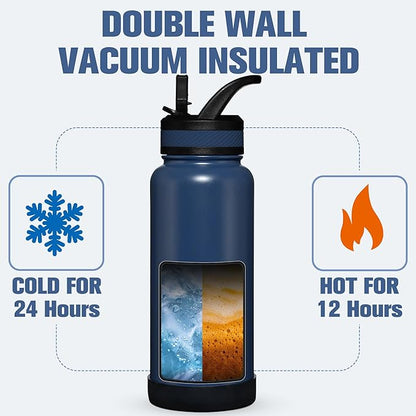 OLDLEY 32 oz Insulated Water Bottle With Straw, Stainless Steel Sports Water Cup Flask with 3 Lids(Straw, Spout and Handle Lid) Double Walled Travel Thermal Canteen Mug,Navy Blue
