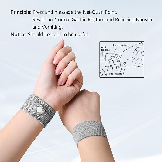Motion Sickness Wristband, Anti-Nausea Acupressure Wrist Band for Nausea Relief, Dizziness and Vomiting from Car Sea Boat Flying Travel Sickness for Adults and Kids (Grey, Large, 2 Pairs)
