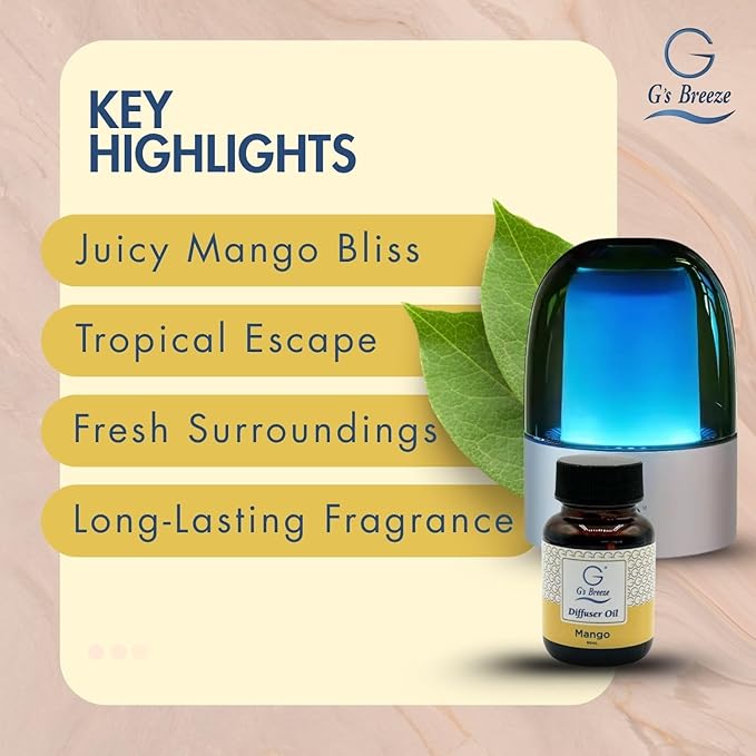 G's Breeze Smart Aroma Diffuser with 60ml Mango Scent Refill – Bluetooth & Wi-Fi App Control, LED Lighting, Adjustable Intensity, Long-Lasting Sweet Tropical Fragrance for Home or Office