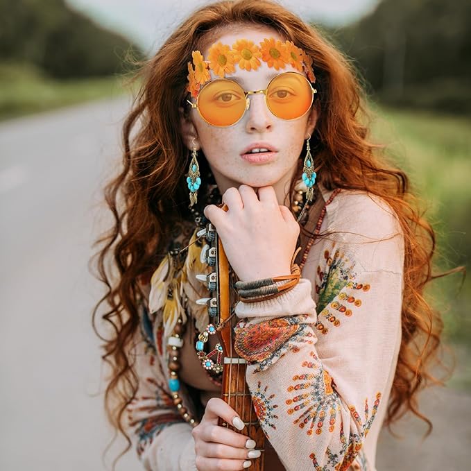Hicarer Hippie Costume Accessories Include Sunglasses, Peace Sign Necklace, Boho Headband and Earring for 60s 70s Party