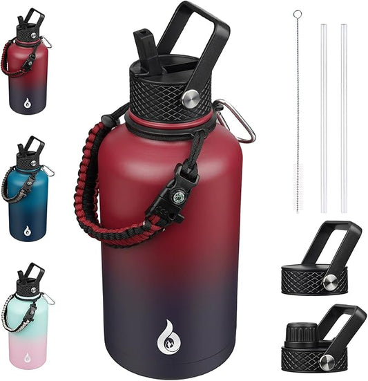 BJPKPK Half Gallon Insulated Water Bottles with 3 Lids and Paracord Handle, 50oz, 64oz, 87oz, 128oz Large, Stainless Steel Water Bottles with Straw Lid, Half Gallon Water Jug,Charming Red