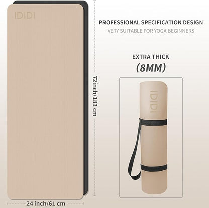 Yoga Mat with Strap,Non-Skid Workout Mat,8mm Thick Yoga Mat,POE Yoga Mats for Women Men Kids,Exercise Mat with Easy-Cinch,72"x24"x0.32” (183x61x0.8cm) (Beige+Black)