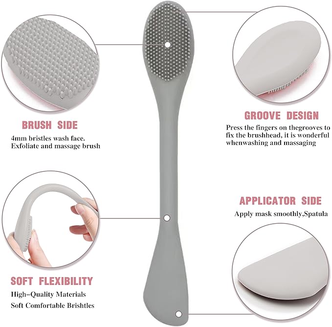 Facial Cleansing Brush, 2 in 1 Silicone Face Mask Brush & Face Scrubber, Face Wash Headband and Wristband Set，5 Pieces (Grey&Purple+Grey)