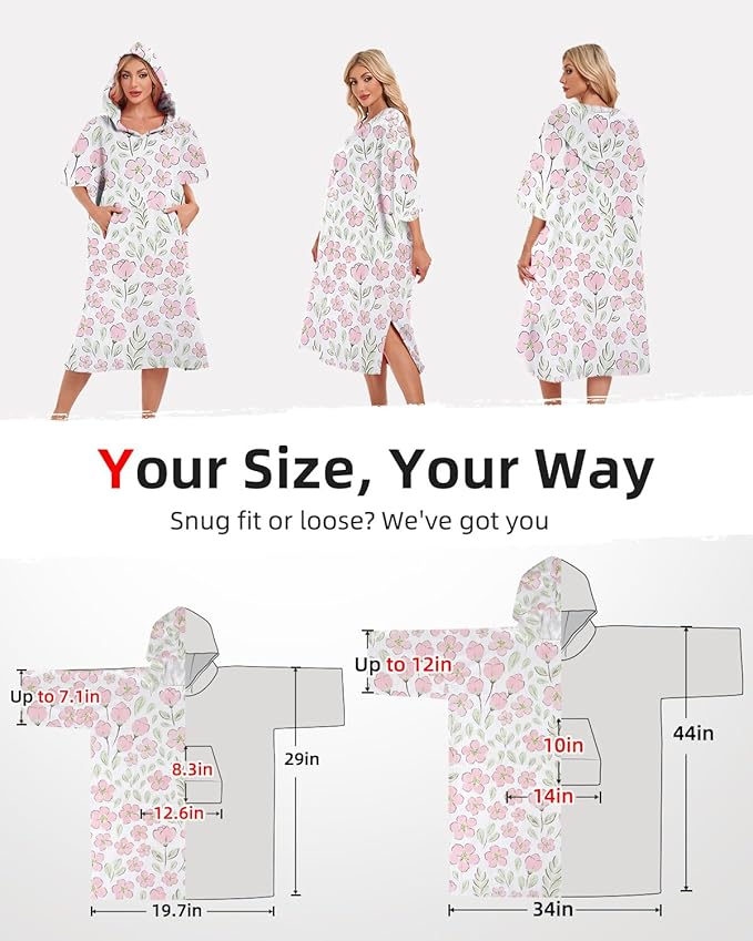 Abahub Surf Poncho Men & Women Towel Poncho Adult with Hood, Thick Quick Dry Changing Poncho Towel, Microfiber Wearable Cover Up for Surfing Beach Swim - Absorbent Changing Towel L (Pink Flower)