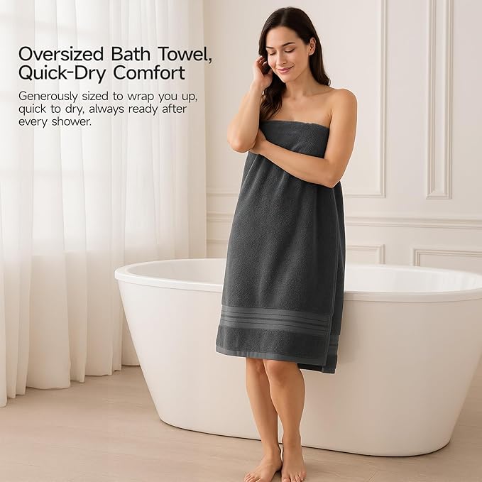 REDKISS 100% Cotton Bath Towels Set of 4, Extra Large Bath Sheets 27 X 59 Inches, 600 GSM, Quick Dry, Ultra Soft & Super Absorbent Bathroom Towel Sets for Bathroom, Gym, Spa, Pool & Hotel, Dark Grey