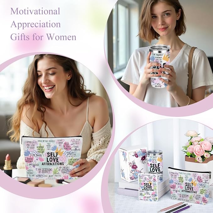 jeilink Positive Affirmations Self Love Mental Health Gifts Inspirational Gifts for Women Wife Sister Grandma Birthday Appreciation Anniversary, 20oz Tumbler Makeup Bag Ballpoint Pen Notebook 6PCS