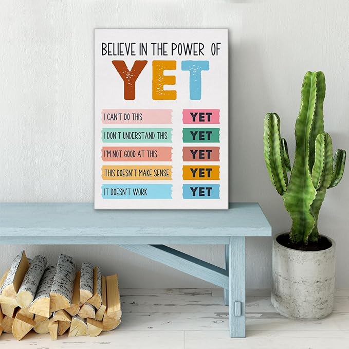 Mental Health Wall Art Canvas Painting Growth Mindset Print Framed I Believe in the Power of Yet Canvas Sign for Therapy Office Counselor Office Decor (12x15 Inch)