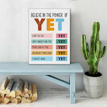 Mental Health Wall Art Canvas Painting Growth Mindset Print Framed I Believe in the Power of Yet Canvas Sign for Therapy Office Counselor Office Decor (12x15 Inch)