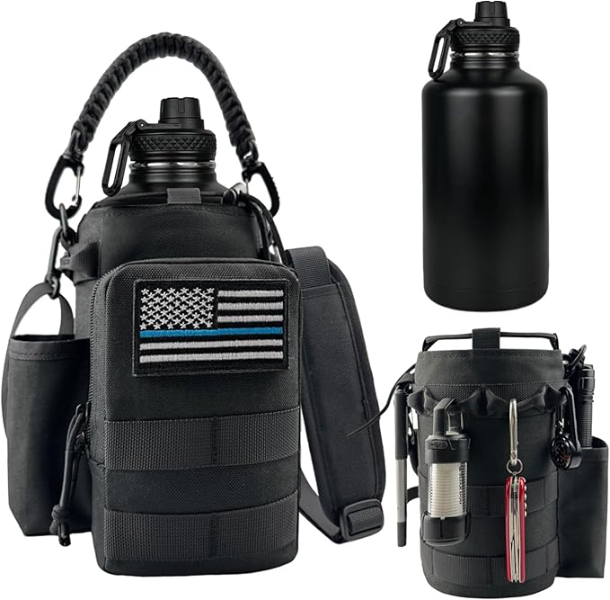 64 oz Water Bottle Insulated with Sleeve Half Gallon Military Water Jug Metal Gym Water Bottles for Men Women Black