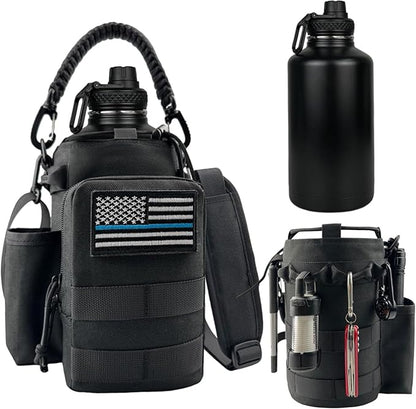 64 oz Water Bottle Insulated with Sleeve Half Gallon Military Water Jug Metal Gym Water Bottles for Men Women Black