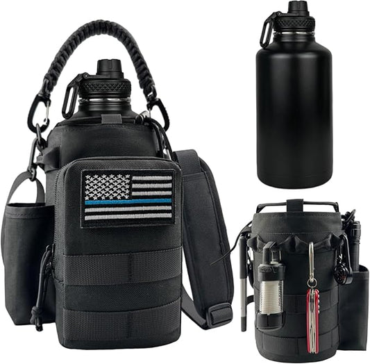 64 oz Water Bottle Insulated with Sleeve Half Gallon Military Water Jug Metal Gym Water Bottles for Men Women Black
