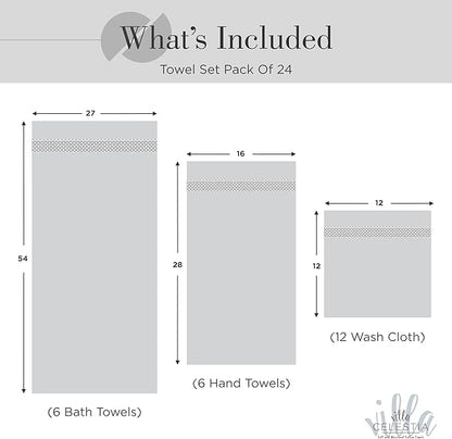 100% Cotton Bath Towel Set of 24-6 Bath Towels, 6 Hand Towels, 12 Wash Cloths, Sustainable, Soft, Highly Absorbent, Combed Cotton 24 Piece Set for Hotels, Spa, Bathroom, Dorm, Silver