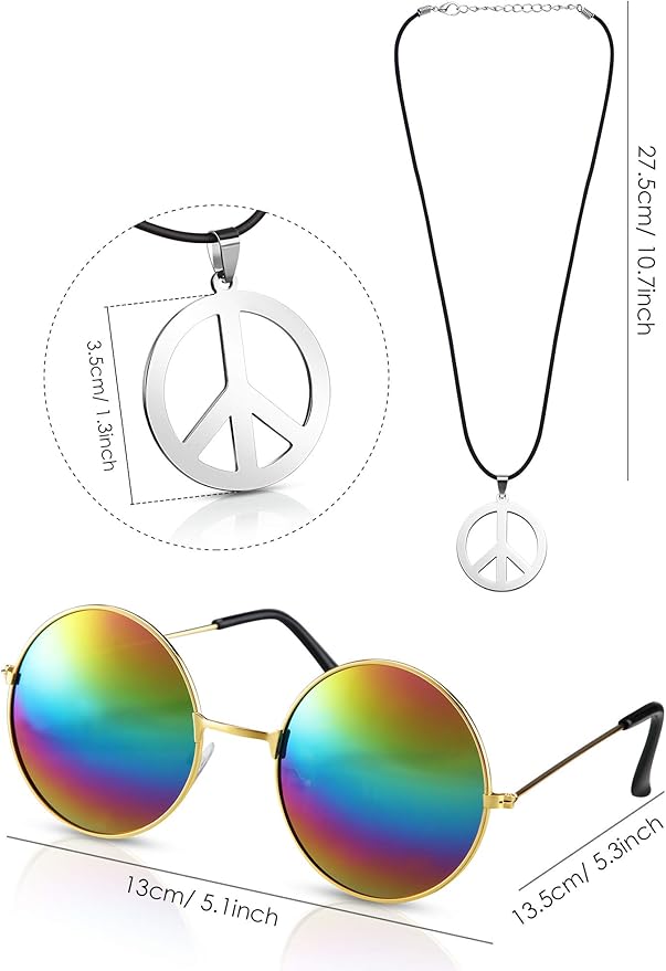 Norme 3 Pcs Hippie Costume Accessories 70s Peace Sign Necklace Tie Dye Hippie Headband Sunglasses Halloween Party Decor