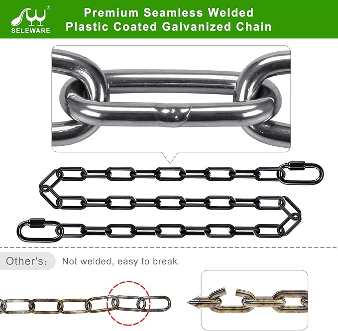 SELEWARE 2 Pack 60 Inch Hanging Swing Chain with 4 Carabiners, 1000LB Capacity Plastic Coated Hanging Chains, Hammock Hardware Kit for Swing, Hanging Chair, Punching Bags, Indoor Outdoor Gym (Black)