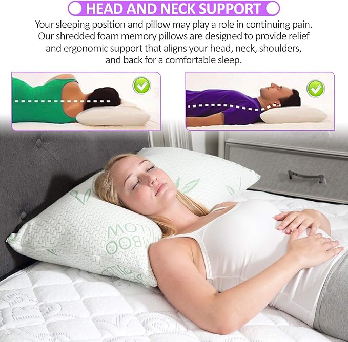 2 Pack King Size Rayon Derived from Bamboo Pillow for, Cooling Shredded Memory Foam Bed Pillows Set – Back, Stomach, Side Sleepers, Removable Cover, Adjustable to Firm / Soft, King (Pack of 2)