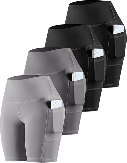 CHRLEISURE Womens Biker Yoga Shorts with Pockets: High Waisted Tummy Control Spandex Workout Athletic Gym Shorts 4 Packs