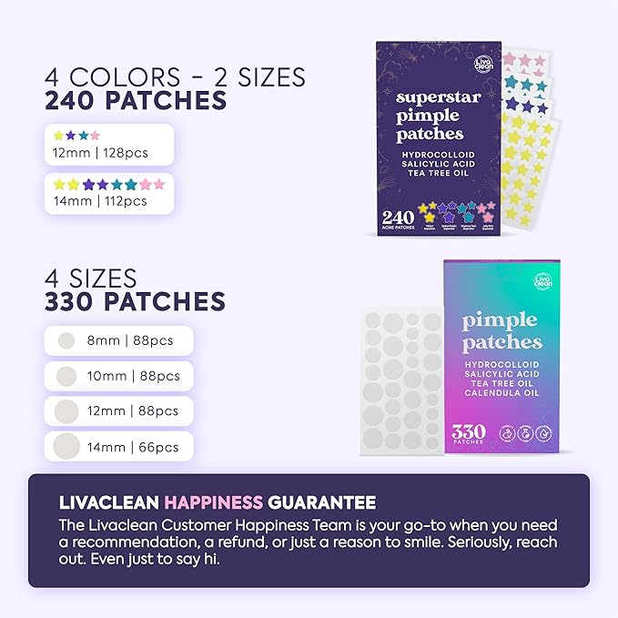 Livaclean 240 CT Star Pimple Patches for Face + 330 CT Acne Patches w/Tea Tree Oil, Salicylic Acid | Hydrocolloid Acne Patch | Cute Star Pimple Patch for Healing Hydrocolloid Patch Zit Stickers