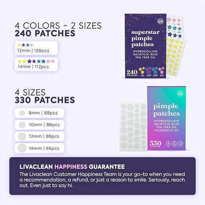 Livaclean 240 CT Star Pimple Patches for Face + 330 CT Acne Patches w/Tea Tree Oil, Salicylic Acid | Hydrocolloid Acne Patch | Cute Star Pimple Patch for Healing Hydrocolloid Patch Zit Stickers