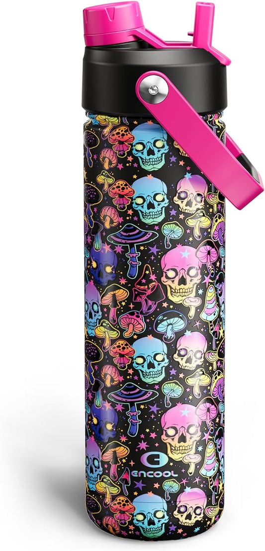Halloween Insulated Water Bottle with Straw, Stainless Steel Water Bottle, Leak Proof BPA-Free, Keeps Cold for 24 Hours for Sports, Skull Spooky Holiday Gifts (26 oz, Trippy Skulls)