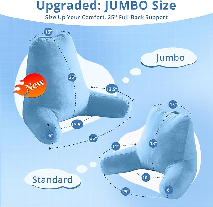 Sasttie 25-inch Reading Pillows for Sitting in Bed Adult, Jumbo Velvet Back Pillow Bed Sitting Up, XL High Back-Rest Support Cushion for Sit Up on Couch & Floor, Oeko-Tex Certified, Blue