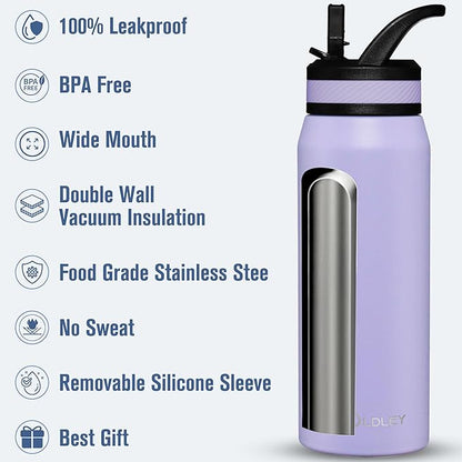 OLDLEY 24 oz Insulated Water Bottle With Straw, Stainless Steel Sports Water Cup Flask with 3 Lids(Straw, Spout and Handle Lid) Double Walled Travel Thermal Canteen Mug,Classic Lavender