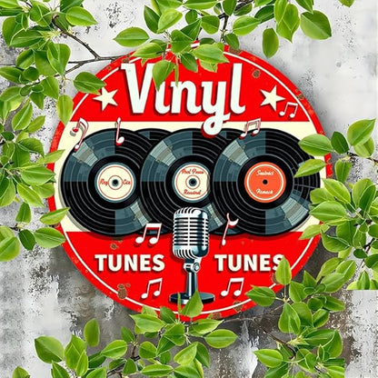 1pc Vintage Aluminum Metal Sign - Vinyl Tunes Round Wall Art - Classic Records & Retro Microphone Design - Ideal for Bar, Cafe, Music Room Decor - 7.8" Diameter