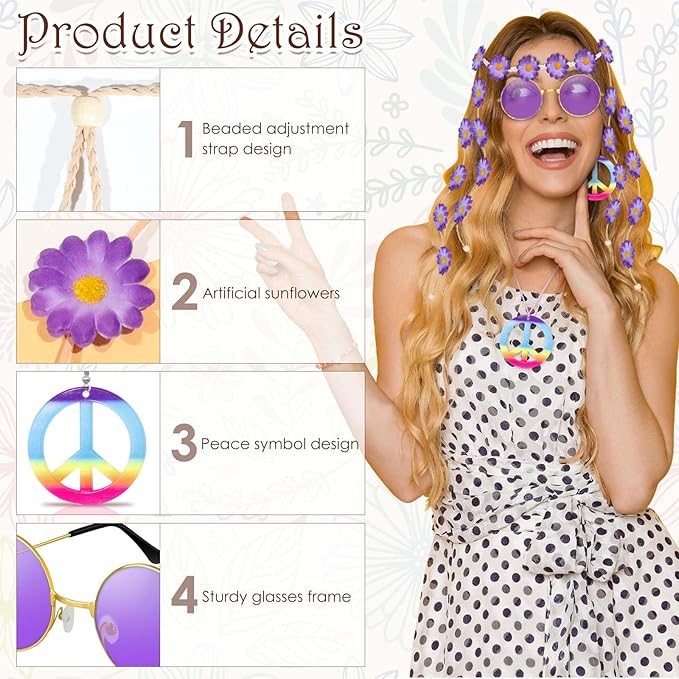 6 Pcs Hippie Costume Accessories Set, Flower Hippie Headband Boho Peace Sign Necklace Earrings Sunglasses Bracelet