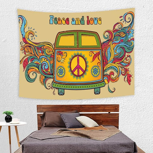 Hippie Bus 70s Tapestry Peace Love Groovy Car Wall Hanging Tapestry for Kids Bedroom Living Room Dorm Man Cave Background(60x40 Inch)