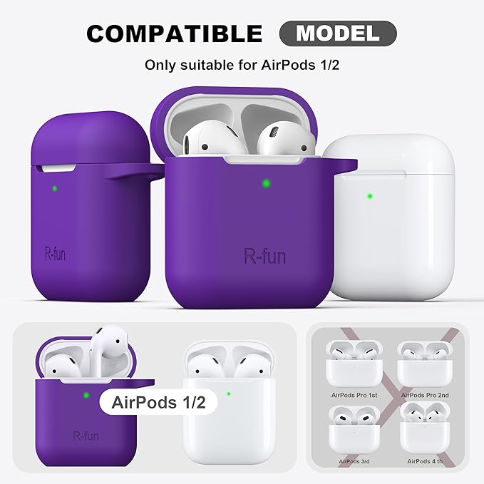 R-fun Compatible with AirPods Case Cover, Soft Silicone Protective Cover with Keychain for Women Men Compatible with Apple AirPods 2nd 1st Generation Charging Case, Front LED Visible,Purple