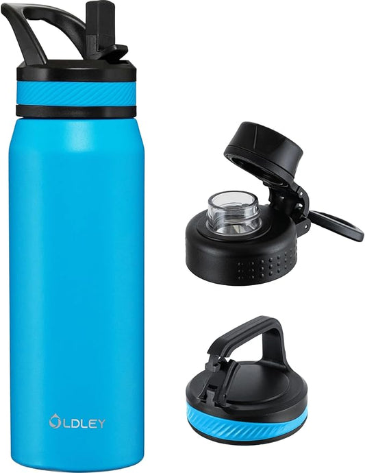 OLDLEY 24 oz Insulated Water Bottle With Straw, Stainless Steel Sports Water Cup Flask with 3 Lids(Straw, Spout and Handle Lid) Double Walled Travel Thermal Canteen Mug,Sky Blue