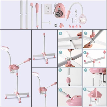Professional Facial Steamer, 2In1 Face Steamer on Wheels for Facial Deep Cleaning, SPA Facial Steamer for Esthetician with 5X Magnifying Lamp, Stand Face Steamer with Time Setting, Pink