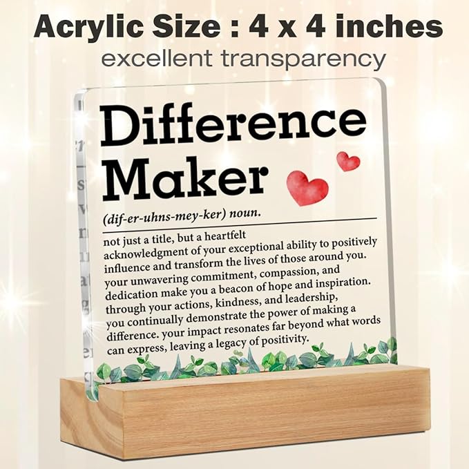 Difference Maker Gift, Thank You Gifts for Boss Coworkers Employees Teacher, Difference Maker Definition Acrylic Desk Plaque Sign Office Decor 4 x 4 Inches